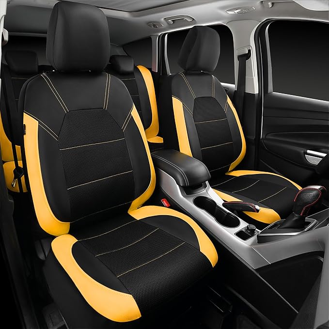 CAR PASS Leather Seat Covers, Breathable Universal Car Seat Cover Full Set for Cute Women Girly,5mm Composite Sponge Inside,Airbag Compatible Fits Most Auto,SUVs,Trucks,Vans(Full Set,Black&Yellow) - Image 2