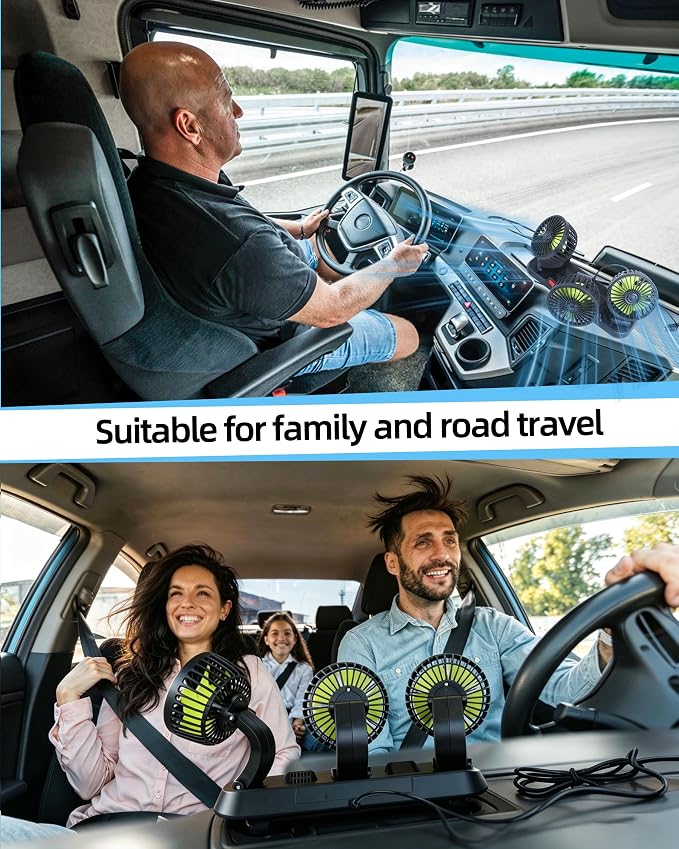 aletbo Car Fan, 12V Fan Triple Head, Powerful Airflow, 360° Adjustable, 2-Settings, Dashboard Fan Suitable for Truck, RV, Semi, Camper Trailer - Image 7