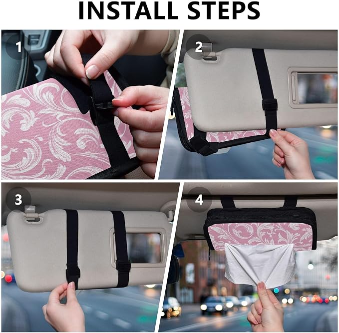 Car Tissue Holder Car Napkin Holder Tissue Box Dispenser Storage Case Sun Visor Mask Holder Accessories with Adjustable Straps Reusable Refillable Pink Damask Swirl - Image 5