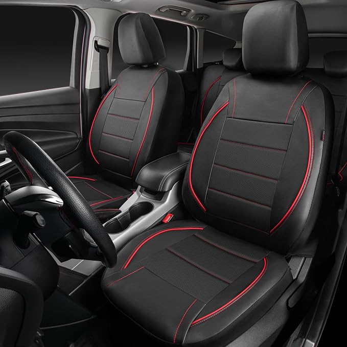 CAR PASS Universal FIT Piping Leather Car Seat Cover, for suvs,Van,Trucks,Airbag Compatible,Inside Zipper Design and Reserved Opening Holes (Full Set, Black and Red) - Image 2