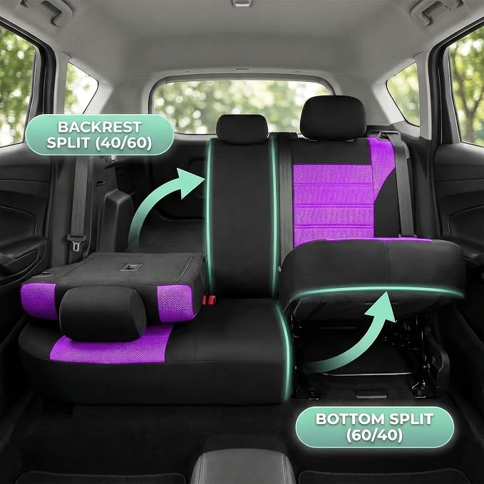 FH Group Automotive Car Seat Covers Full Set Premium 3D Air Mesh Front Seat Covers, Airbag Compatible & Split Bench Cover Universal Fit Interior Accessories for Cars Trucks and SUVs - Purple - Image 3