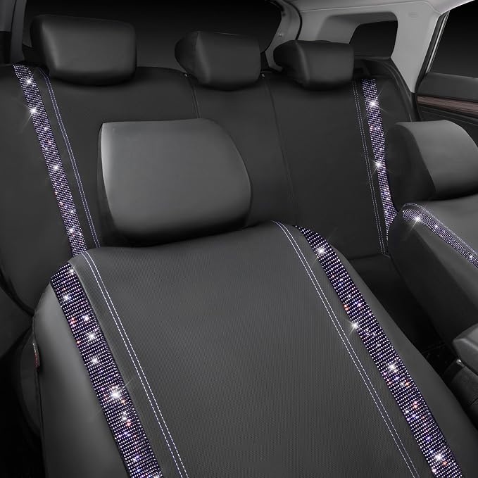 CAR PASS Bling Diamond Car Seat Covers Full Set,Shining Rhinestone Waterproof Faux Leather,Rear with Zipper,Universal Fit Automotive Glitter Crystal Sparkle Strips for Women,Violet Purple Rhinestone - Image 8