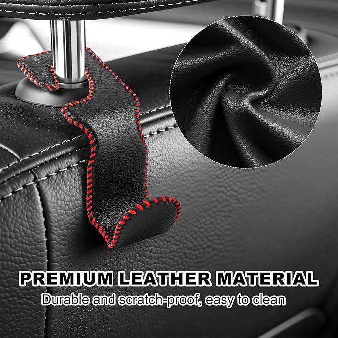 EldHus Car Seat Hooks for Purses and Bags, 4 Pack Car Purse Holder for Grocery Bag Handbag Clothes, Metal Headrest Hooks Covered by Leather, Black Red - Image 3