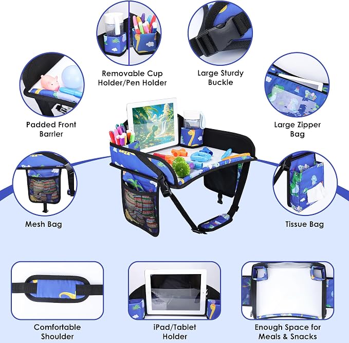 Kids Travel Tray for Toddler Car Seat, Road Trip Activities for Kid | Toddler Car Activities with iPad Holder Stand, Roadtrip Essentials with Dry Erase Board & Cooler Cup Holder,Blue Dinosaur - Image 8
