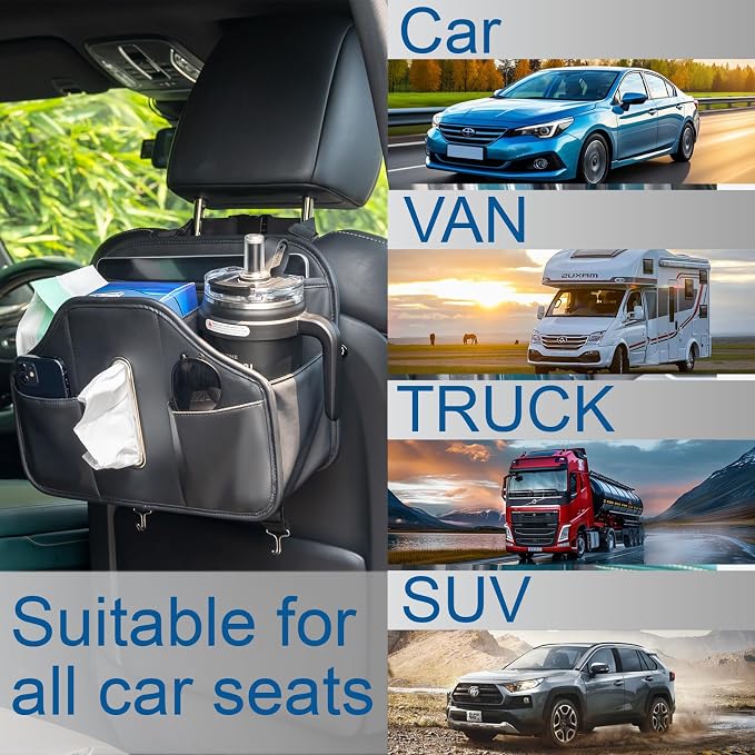 Multifunctional Car Tissue Holder,Back Seat Organizer with Cup Holder,PU Leather Car Headrest Seat Back Storage,Snack Organizers for Kids,Large Tissue Box Cover Fit Kleenex Tissues(50-230ct),2pack - Image 3