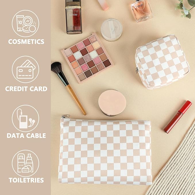 Fammart Checkered Makeup Bag, Travel Cosmetic Bag Organizer Toiletry Bag Make Up Bags with Zipper & Compartments for Women Girls, 2PCS - Image 6