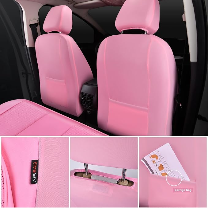 CAR PASS Pink Leather Seat Covers Full Set Universal Water Resistant 3D Foam Back Support, Luxury Comfort Automotive 5 Seat Covers for Women All Season Fit SUV,Sedan,Van, Airbag Compatible Pink - Image 4
