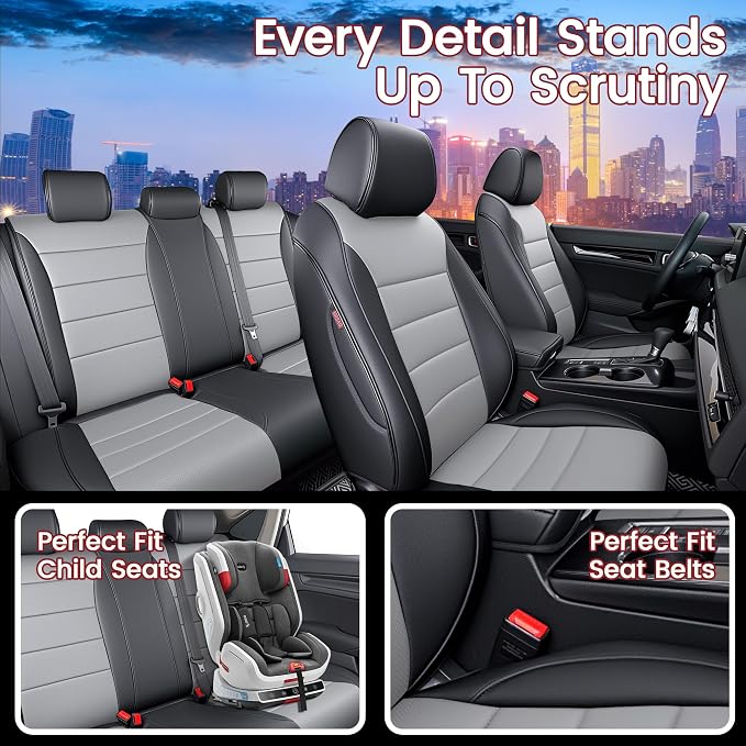 HKZ Custom Fit Civic Seat Cover Full Set for Honda Civic 4 Door Sedan-Only (2022 2023 2024 EX)&(2025-2026 Sport),5-Seats Full Set,Leather Seat Protector(Grey) - Image 7