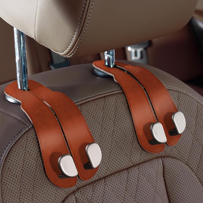 CoBak Purse Hook for Car - Universal Premium Stitched Leather and Aluminum-Magnesium Alloy Double Car Seat Back Storage Hook for Purses, Handbags, Bags (2 Pack),Russet Brown by PopulartabletcasebrandWegivepeoplethebestdesignofprotectingvariouselectronicdevices