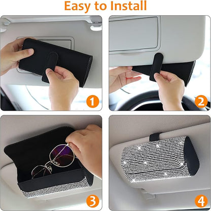 Accmor Bling Sunglasses Holder for Car Sun Visor, Sparkling Eyeglasses Car Visor Clip Storage Glasses Organizer Case, PU Leather Auto Sunglass Holder Protective Box for Truck, SUV, RV (White) - Image 3