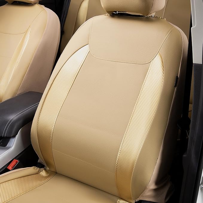 Flying Banner car seat Covers Protects Water Proof Faux Leather Carbon Fiber Fronts Golden Beige (Beige Golden, Front Pair) - Image 4