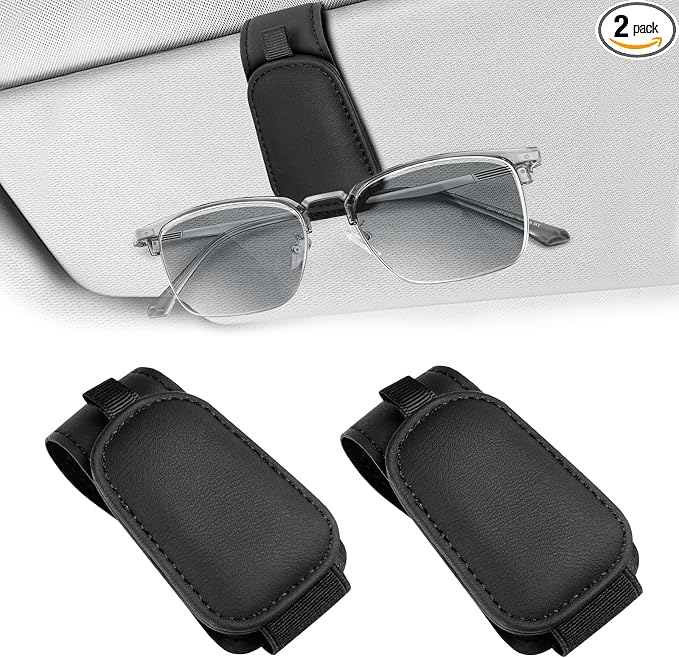 Teraves 2 Pack Sunglass Holder for Car Visor, Magnetic, Easy to Hold | Premium Leather Sunglasses Visor Clip, Auto Interior Accessories Universal for Different Size Glasses and Eyeglasses, Black by Teraves
