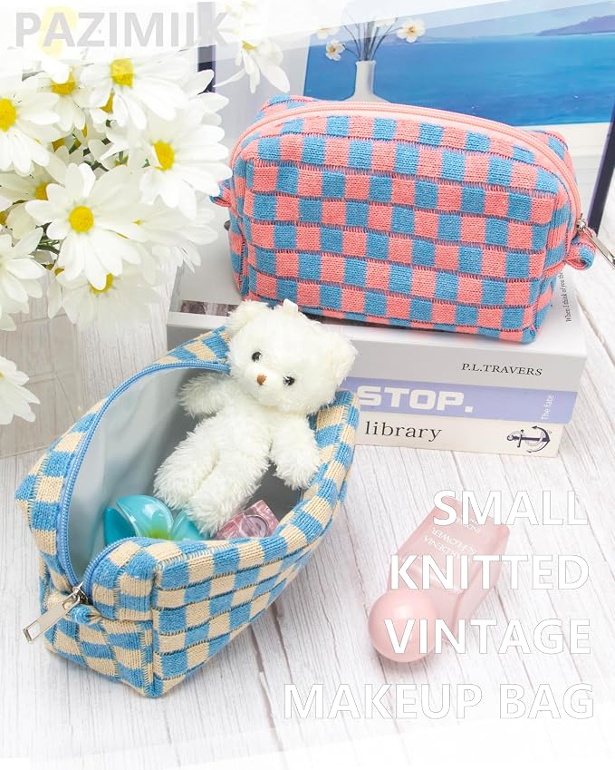 Checkered Makeup Bag for Purse, Small Travel Cosmetic Pouch,Blue Beige | Cute Zipper Makeup Organizer for Women, Travel Essentials, Toiletries, Makeup Brushes, Beauty Accessories&Bridesmaid Gifts - Image 6