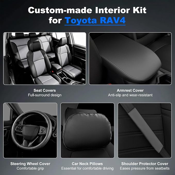 AOMSAZTO Custom Fit Seat Covers for Toyota RAV4 2019-2025 Gas Models Kit | LE/XLE/XLE Premium/Limited, 5-Piece Full Set with Steering Wheel Cover, Armrest Cover, Neck Pillows and Seat Belt Covers - Image 3