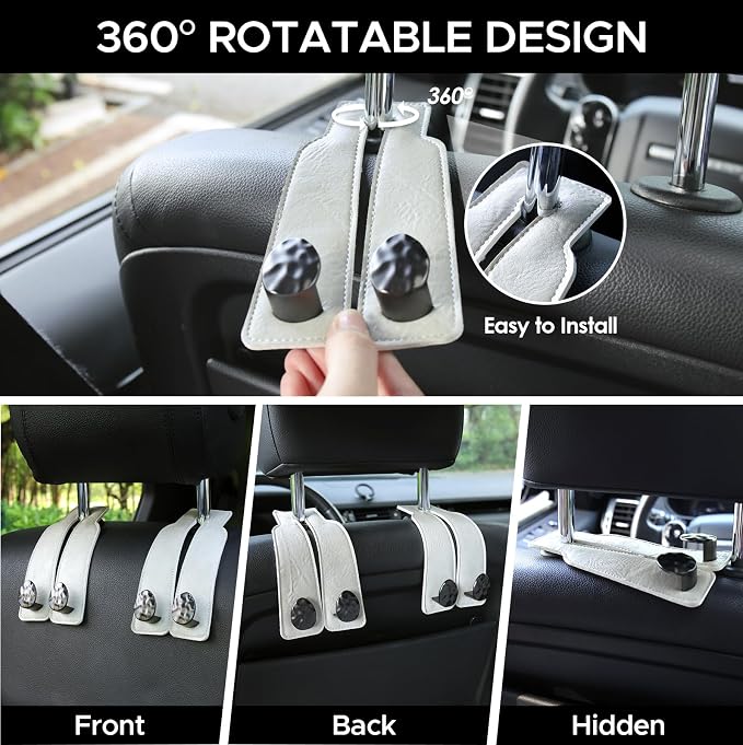 Leather Car Purse Hook for Headrest, 2 Pack (White-Black) | Twin Hooks Headrest Hangers, 2/4 Pack, No-Slip, Scratch-Proof, Holds Purses, Backpacks, Grocery Bags, Car Organizer Gift - Image 4