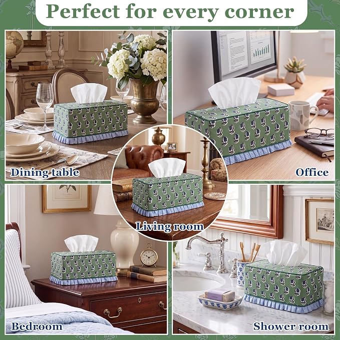 Block Print Fabric Tissue Box Cover, Flower Buds, Sage Green | Rectangular Ruffle Sleeve, Decorative Holder for Bathroom Vanity Car, Napkin Dispenser Grand Millennial Boho Decor Home - Image 6