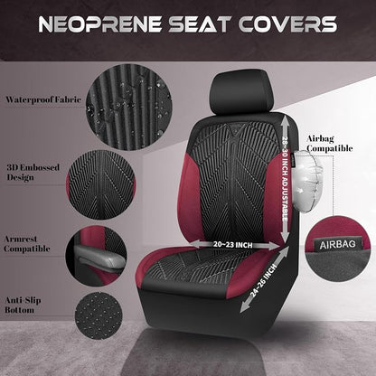 CAR PASS Waterproof Black Red Car seat Covers Front Seat Covers Neoprene Wetsuit,All-Weather Non-Slip Durable,Universal Fit for SUV Sedan Truck Automotive,Armrest Airbag Compatible,Emboss Black Red - Image 3