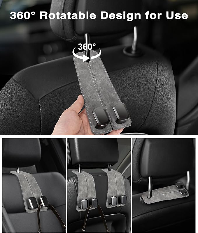 Car Purse Holder Hook, 2PCS Car Hooks for Headrest Luxurious Leather 100% Metal Car Hangers for Seat Multifunctional Car Bag Hook Car Seat Back Storage Hook Accessories (Grey) - Image 4