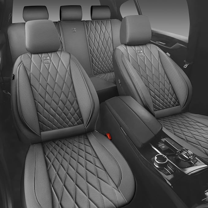 CAR PASS Piping Luxury Leather Seat Covers Full Set,5 Seats Anti-Slip Waterproof Seat Covers Compatible with Front Armrests,Universal Fit for Sendans, Suvs,Vans,Trucks,Airbag Compatible,Pure Gray - Image 7