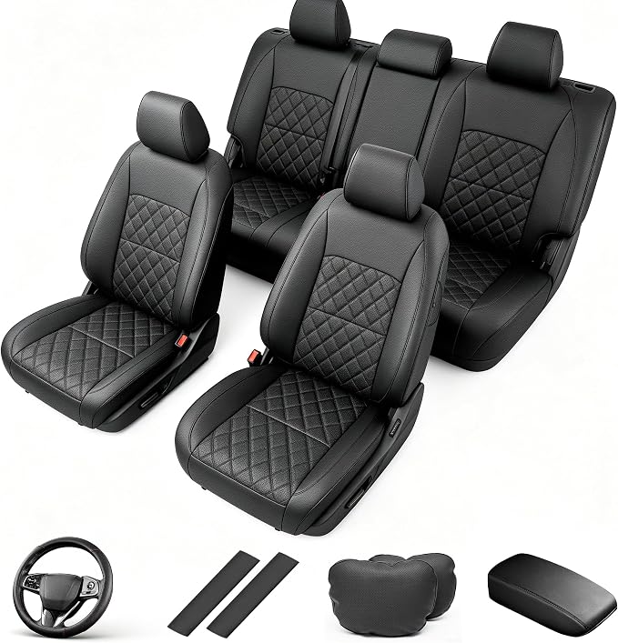 Custom Fit Seat Covers for Honda CRV 2017-2022 Front&Rear Full Set | Faux Leather,Full Coverage,5-Piece Set, Includes Neck Pillows, Armrest Cover, Seat Belt & steering Wheel Cover Black by AOMSAZTO