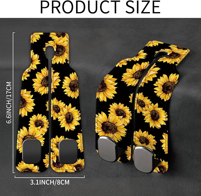 Car Seat Back Storage Headrest Hook, Premium Leather Double Metal Hook, Hanger Storage Organizer for Purse Cloth Bag, Car Interior Accessories Cute Yellow Sunflowers - Image 5