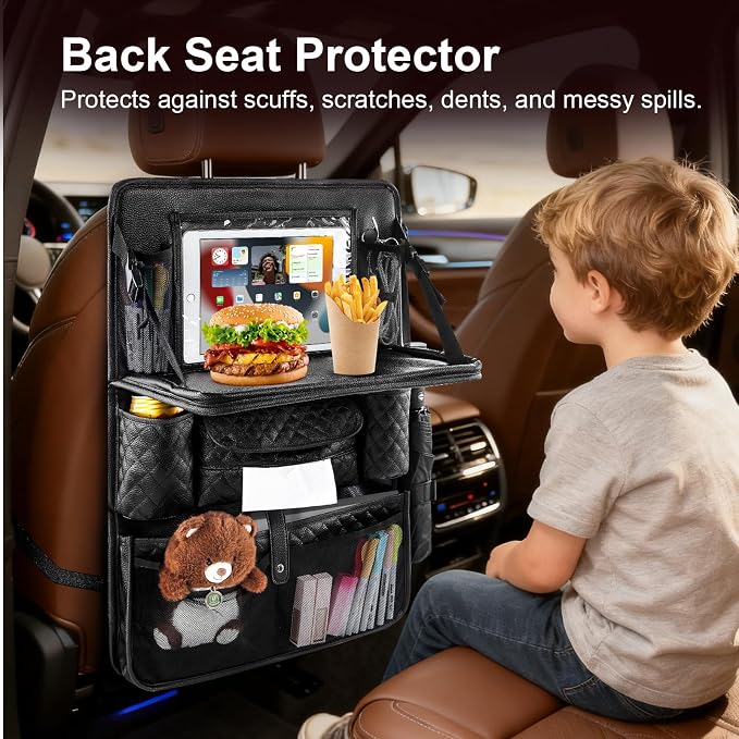 Car Backseat Storage Organizer, 11 PU Leather Pockets & Foldable Table Try | Rosynee Black Kick Mats Back Seat Protector and Cup Holder, Travel Accessories Universal Use Seat Covers with Tablet Holder - Image 5