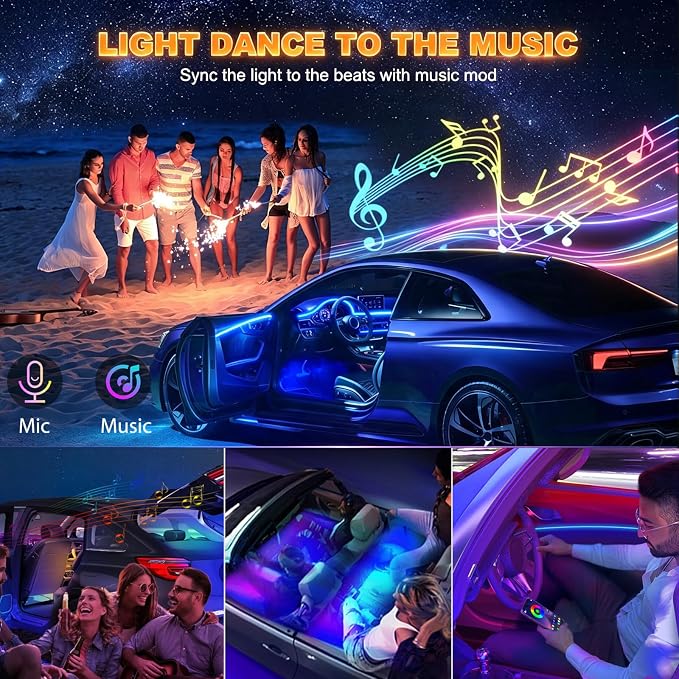 Jushope Interior Car LED Strip Lights, RGB 5 in 1 Car Ambient Lighting Kit | Wireless APP & RF Remote Control 16 Million Colors Music Sync, 236 inches Fiber Optic LED Lights for Car, USB or Hardwire - Image 4