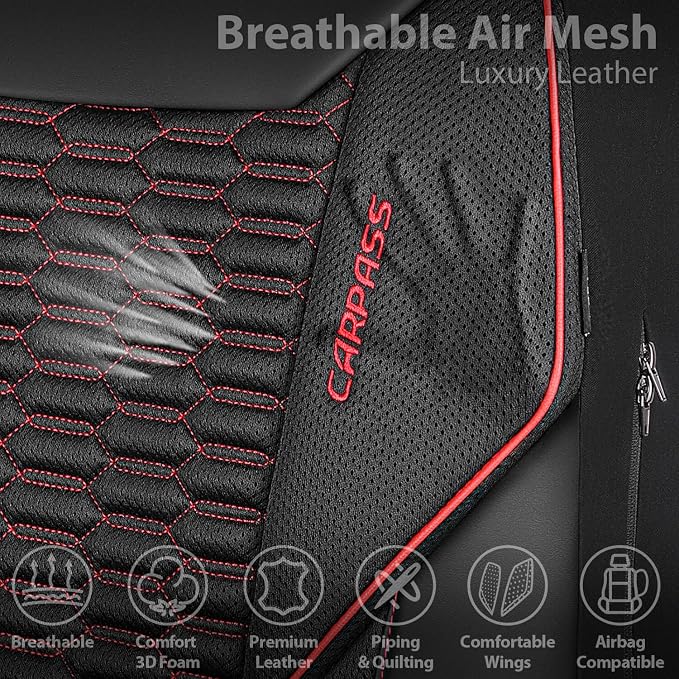 CAR PASS 3D Foam Mesh Leather Car Seat Covers Full Set,Breathable Mesh Faux Leather Seat Covers for Car,Universal Fit for SUV Truck Sedan Automotive, Armrest Airbag Compatible,Black and Red - Image 6
