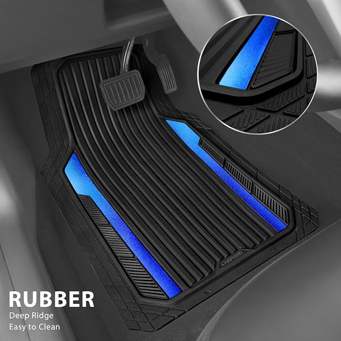 CAR PASS Heavy Duty Rubber Car Mats Metallic,Aluminum Film All Weather Floor Mats Waterproof Universal Trim to Fit Automotive SUV Sedan Van 4 Piece Anodized Deep Dish Two-Tone Sporty Black Blue Chrome - Image 2