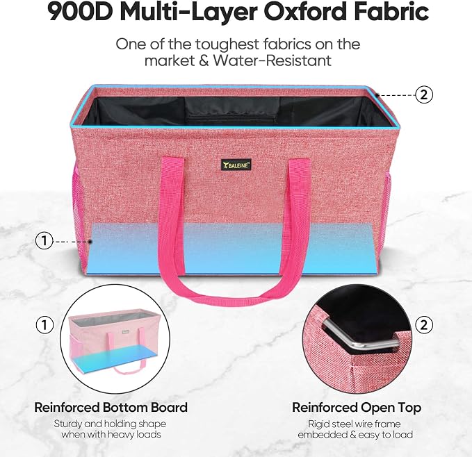 BALEINE Extra Large Utility Tote Bag with Wire Frame for Storage (Pink, 22''x12''x10'') - Image 2