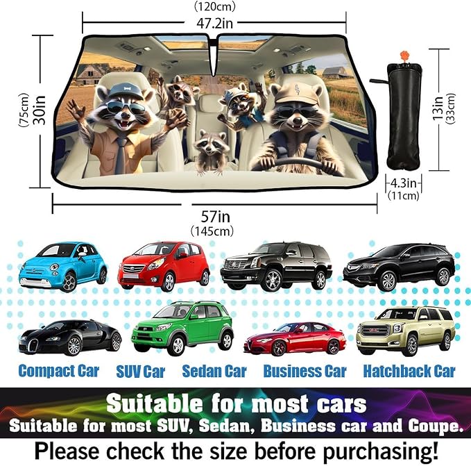 Funny Fun Raccoon Car Windshield Sun Shade Umbrella Sunshade Block UV Rays Sun Visor Protector Auto Windshield Sunshade to Keep Vehicle Cool for Cars Trucks & Suvs 57 X 30 in - Image 3