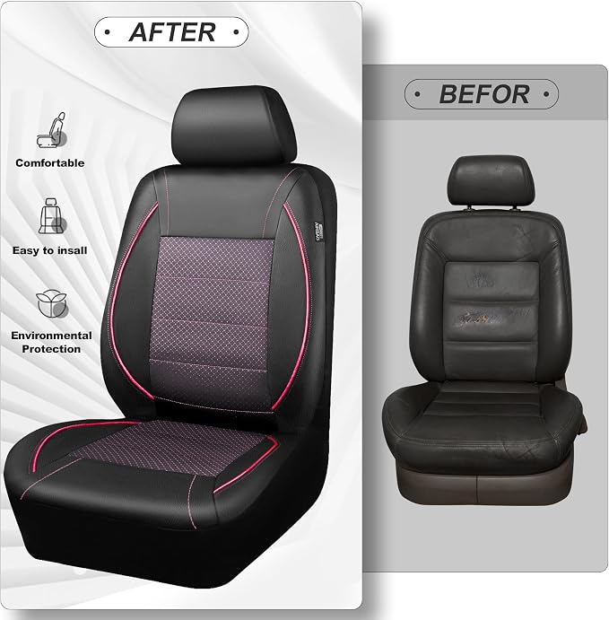 CAR PASS Piping PU Leather Car Seat Cover Full Set,Inside Zipper Design and Reserved Opening Holes，Airbag Compatible,Universal FIT for Car, SUVs,Van,Trucks（Full Set, Black & Pink） - Image 6