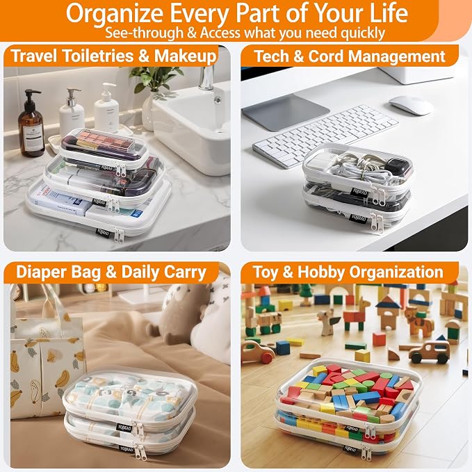 YQBRAO Clear Hard Shell Zipper Cases, Diaper Bag Organizer Pouches, White | Rigid clear shells in three practical sizes organize toiletries, cosmetics, cables, stationery and household essentials - Image 3