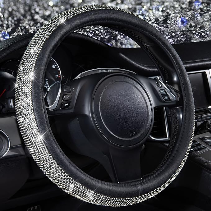 CAR PASS Diamond Black Leather Steering Wheel Cover, with Bling Crystal Rhinestones Universal Fit 14" 1/2-15" Crystal Glitter for Women Sparkle Girl Fit Suvs,Vans,Sedans,Cars,Trucks, White Diamond by CARPASS