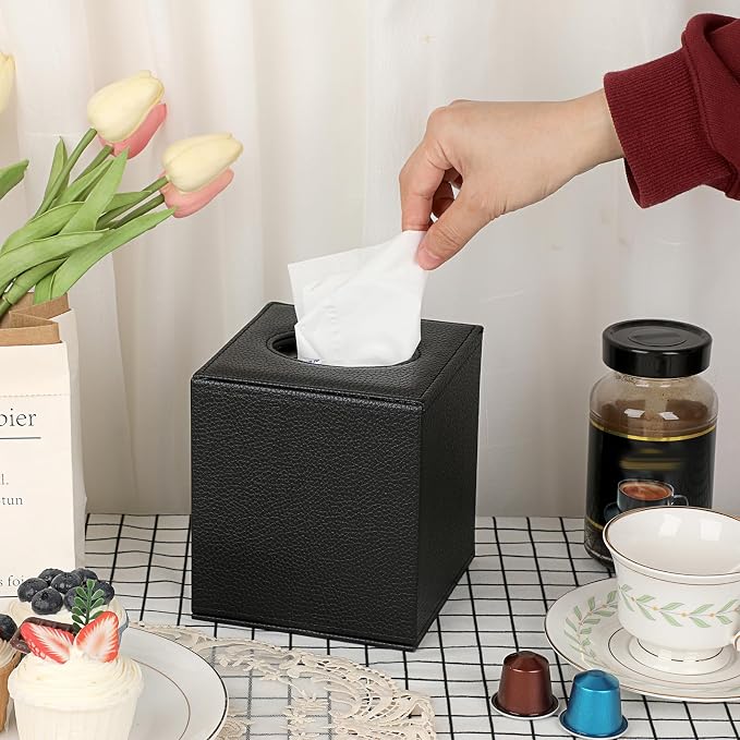 Sumnacon Tissue Box Cover Square,Magnetic Bottom PU Tissue Box Holder,Black | Stylish Cube Leather Tissue Cover,Lychee Pattern, Decorative Tissue Box Covers for Living Room Bathroom Table Desk Office Car - Image 2