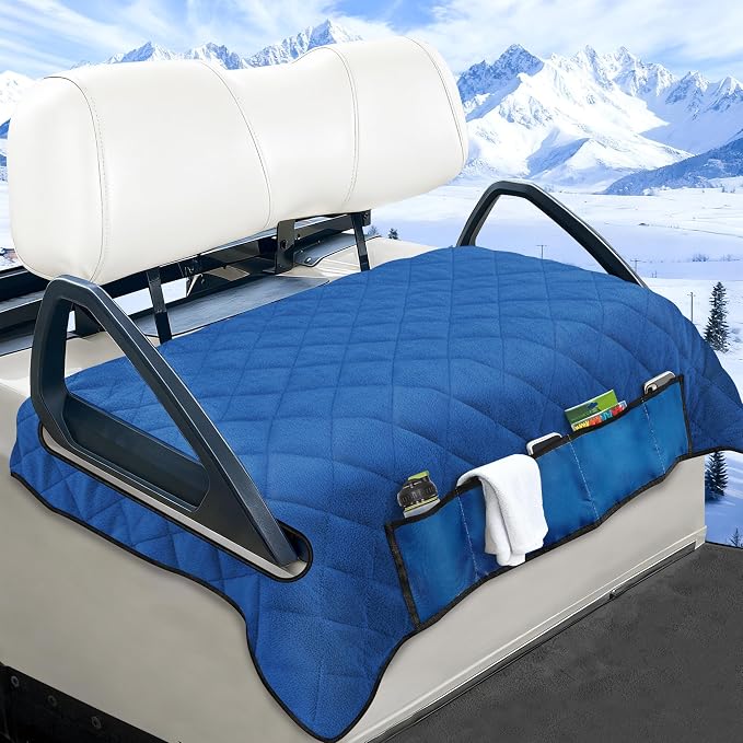 YOKYHOM Golf Cart Seat Covers with 4 Front Pockets, Thick Seat Towel Blanket with Non-Slip Backing, Fits EZGO, Club Car, Yamaha and More 2 & 4 Passenger Golf Carts, Blue by GolfCartLifestyleEssentials