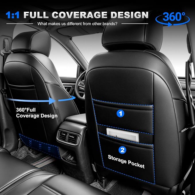 Custom Fit Seat Covers for Honda CRV 2017-2022 Front Rear Set-Black&Beige | Faux Leather,Full Coverage,5-Piece Set, Includes Neck Pillows, Armrest Cover, Seat Belt & steering Wheel Cover - Image 6