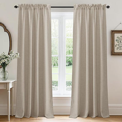 RYB HOME Natural Beige Linen Sheer Curtains 95 inches Long for Living Room | Weave Textured, Rod Pocket, Light Filtering, for Dining Room, W52 x L95, 2 Panels Set by RYBHOME