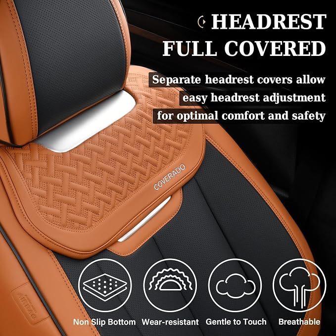Coverado Car Seat Covers Full Set, Breathable Nappa Leather Seat Covers for Cars, Automotive Seat Covers, Waterproof Front and Back Car Seat Protector Universal Fit Most Cars(Brown&Black) - Image 5