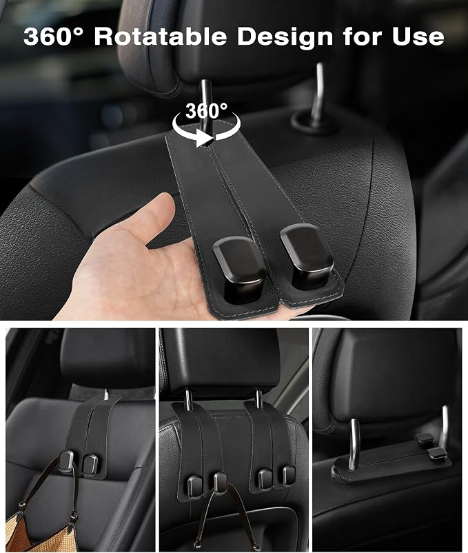 Car Hooks for Headrest, 4PCS Car Purse Hooks Luxurious Leather 100% Metal Car Hangers for Seat Multifunctional Car Bag Hook Car Seat Back Storage Hook Accessories (Black) - Image 4