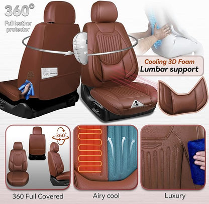 CAR PASS Luxury Nappa Leather Car Seat Covers Full Set, Lumbar Support Seat Covers for Car 5 Seats, Waterproof Car Seat Protector, Automotive Seat Covers Universal Fit for Most Sedans SUV Trucks Brown - Image 4