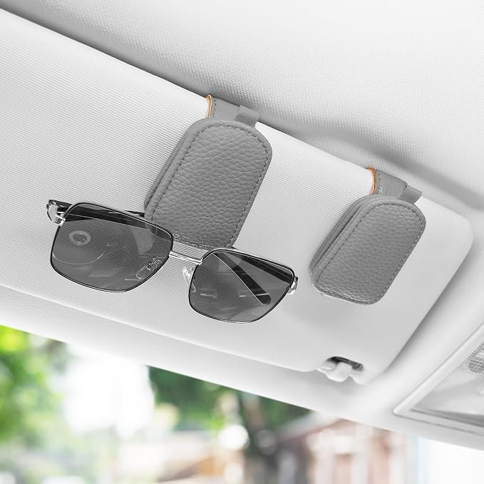 SINGARO Sunglasses Holder for Car, Leather Magnetic Buckle Sun Visor Sunglass Clip, Ticket Card Storage Glasses Clip, Car Interior Accessories for Men and Women（Gray） - Image 2