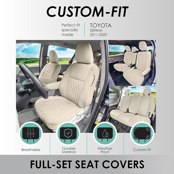 FH Group Custom Fit Car Seat Covers Specifically Made for Toyota Sienna 2011-2020, Car Seat Cover Full Set, 8 Seater Automotive Seat Covers in Solid Beige Neoprene, Waterproof and Washable Seat Covers - Image 2