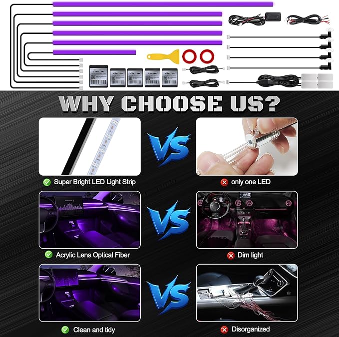 RGB Acrylic Interior Car LED Strip Light with Wireless APP, 14 in 1 with 175 inches 593 LEDs Neon LED Strip Light, 16 Million Colors Dynamic Music Sync Car Ambient Lighting Kits - Image 5
