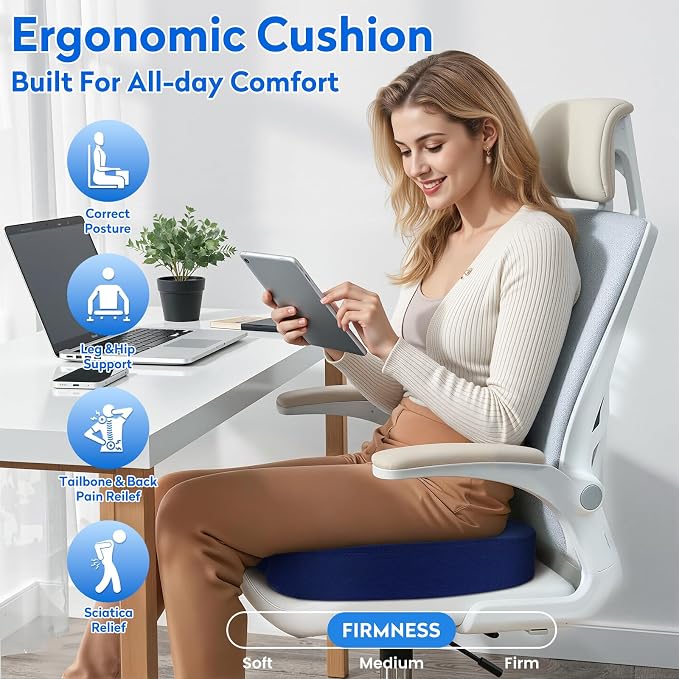 CushZone Memory Foam Seat Cushion for Office Car & Wheelchair, Blue | U-shaped Coccyx Cutout, Contoured Design, Breathable Removable Mesh Cover, Non-Slip Base, Carry Handle - Image 7