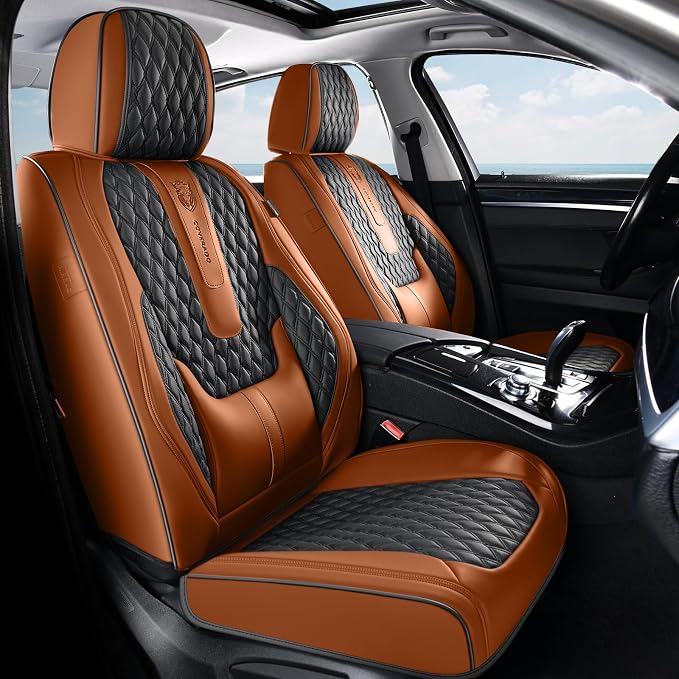 Coverado Front Seat Covers, Car Seat Covers Front Seats, Nappa Leather Seat Covers for Cars, Waterproof Seat Covers with Lumbar Support Universal Fit for Most Cars SUV Trucks (Front, Brown-Black) by COVERADOAUTO