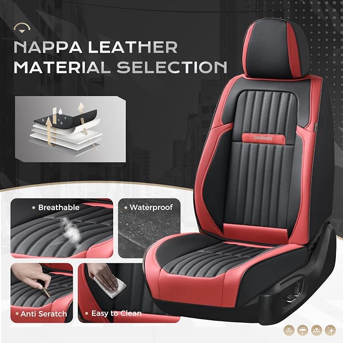 Coverado Car Seat Covers Front Seats, Seat Covers for Cars, Car Seat Protector, 2-Pack Car Seat Cushion Nappa Leather, Waterproof Seat Covers Carseat Cover Universal Fit for Most Cars(Red&Black) - Image 2