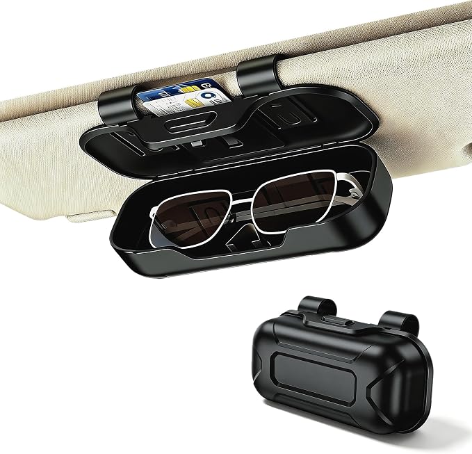 Car Sun Visor Sunglasses Holder,Black ABS Eyeglasses Case | Card Storage,Soft Flocked Interior,Anti-Rattle Triangle Slot,Double Clips,Push Button Access,Scratch Protection,Universal Fit by Unknown