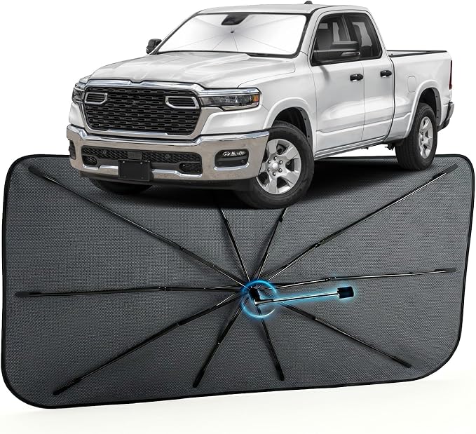 Car Windshield Sun Shade Umbrella for Dodge RAM 1500/2500 2013-2026 | [Reflective Coated Fabric] Car Shades Sun Visor Keep Car Cool and Protects Interior, 1:1 Exact Fit by MakeLifeBetter