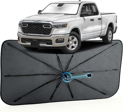 Car Windshield Sun Shade Umbrella for Dodge RAM 1500/2500 2013-2026 | [Reflective Coated Fabric] Car Shades Sun Visor Keep Car Cool and Protects Interior, 1:1 Exact Fit by MakeLifeBetter